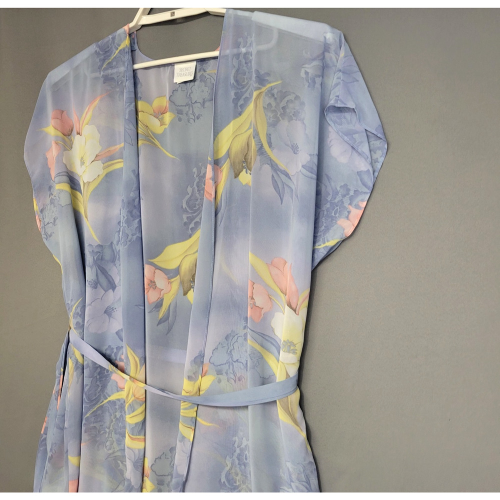 Vintage Secret Treasure Lingerie Robe Womens L Blue Floral Belted Sheer 90s Y2K - Picture 4 of 12
